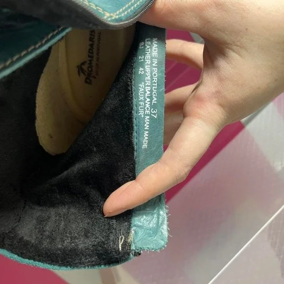 Dromedaris Kara Scrunched Leather and Suede Teal combat-style boots w/ faux fur - Picture 5 of 7
